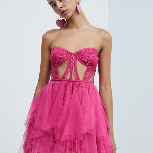 NWT For Love and Lemons Hot Barbie Pink Rosario Corset Bustier Mini Dress M - Picture 8 of 10